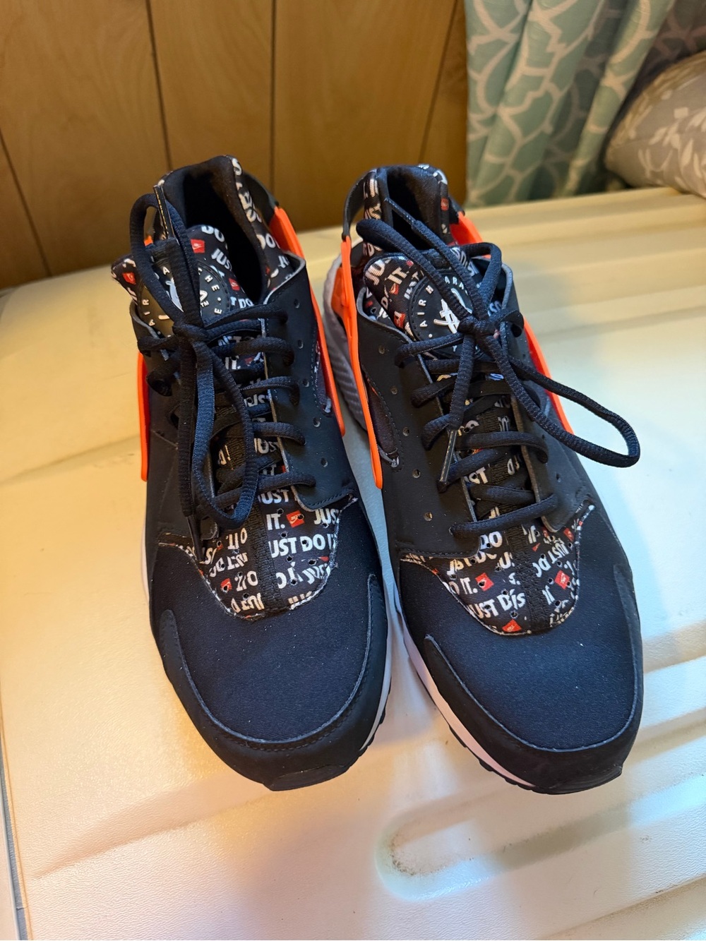 Nike Huarache Black and Orange 'Just Do It' Patterned Lace Sneakers
